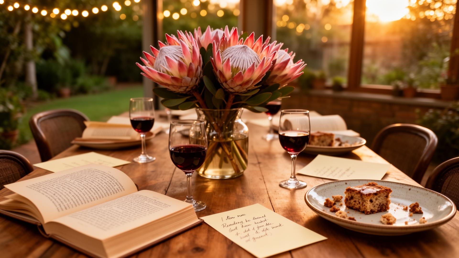 A garden table set for a book club lunch with proteas, wine, and open books