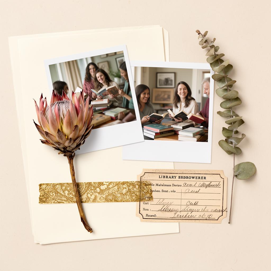 A scrapbook page with polaroids, a pressed protea, and a library borrower card